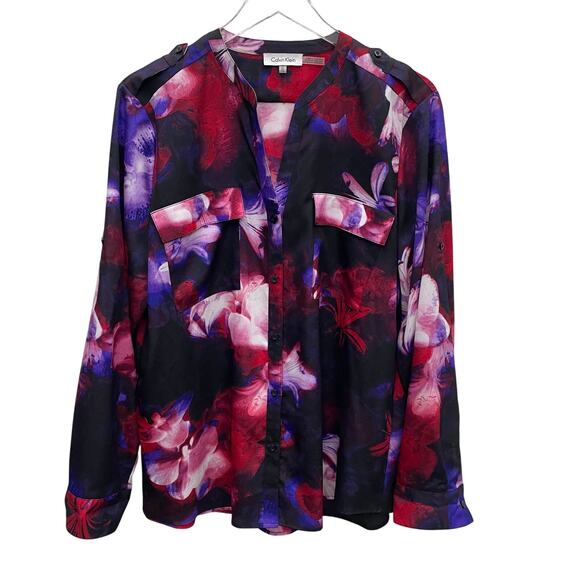 Calvin Klein Multicolor Floral Split Neck Long Sleeve Blouse Size XL - Picture 1 of 9